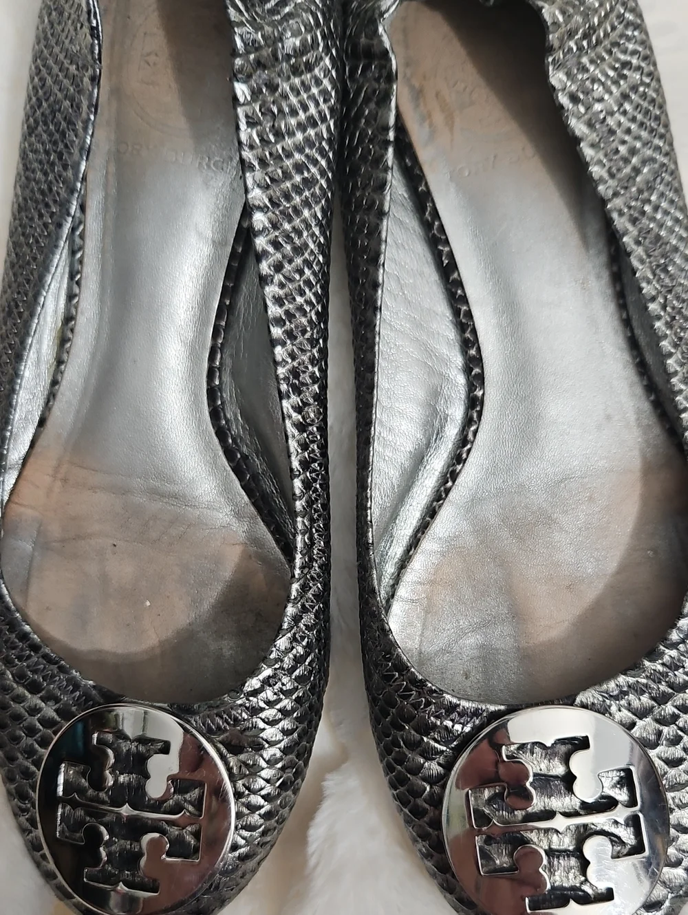 Tory Burch Metallic Black Snake-Embossed Ballet Flats